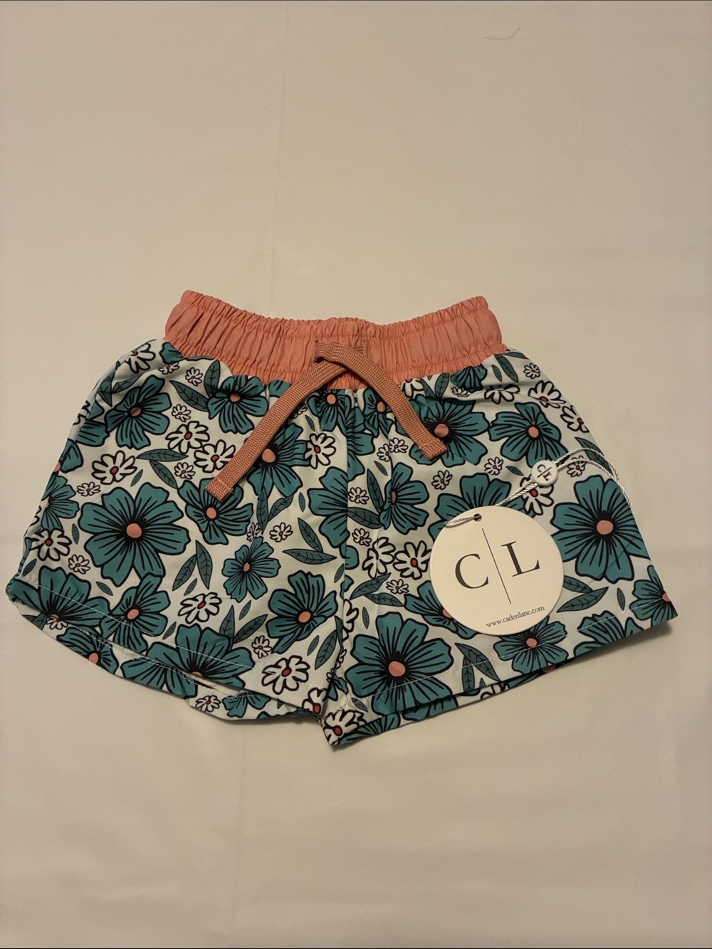 Caden Lane Teal Floral Shorts with Coral Waistband